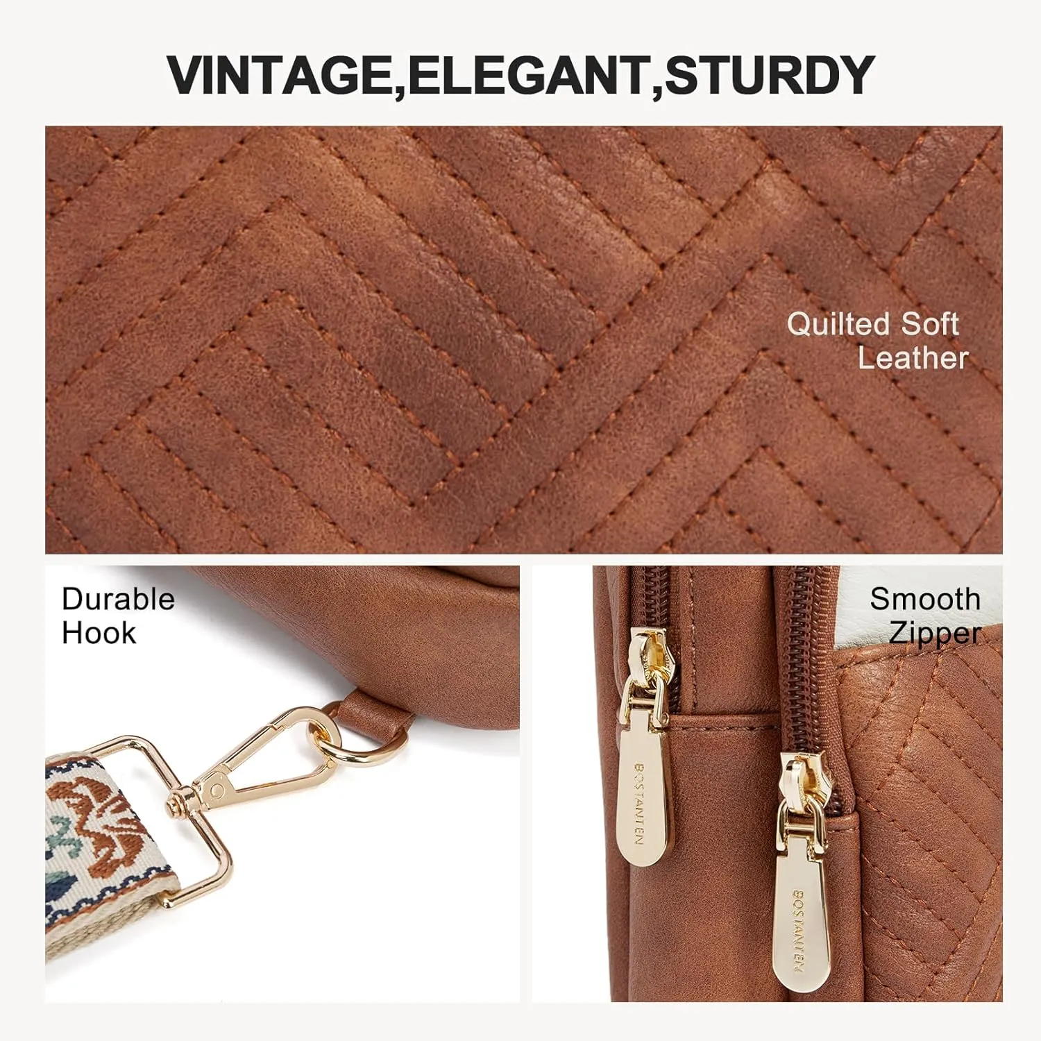 BOSTANTEN Sling Bag Quilted Crossbody Bags for Women Cross Body Purse Leather Fanny Pack with Adjustable Guitar Strap