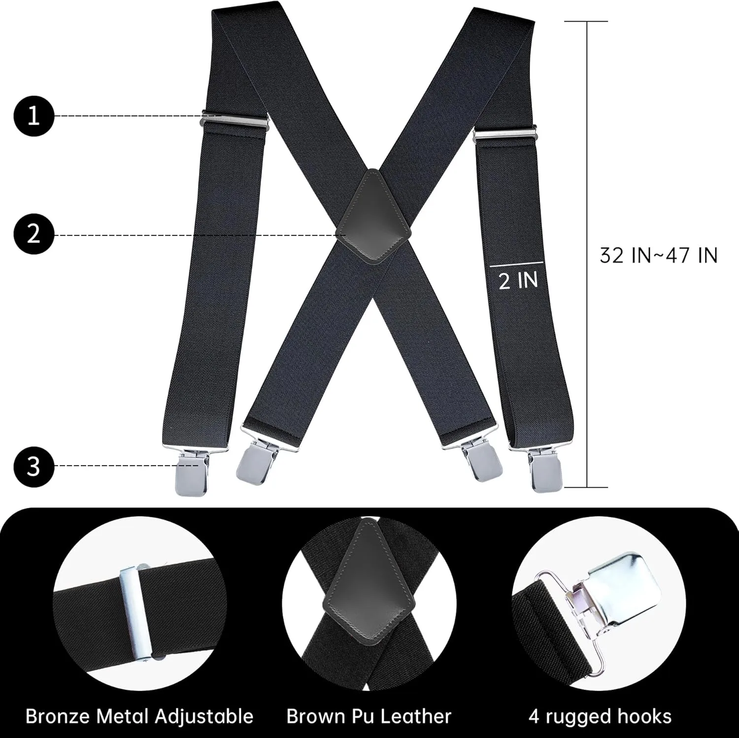CADONO Men's 2 Inch Heavy Duty Suspenders??Adjustable X-Back with Strong Clips for Work, Jeans, and More