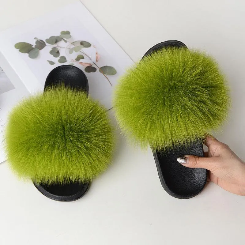 Chicvane Women's Solid Color Women's Solid Color Fox Fur Open Toe Fluffy Slide On House SlippersOpen Toe Fluffy Slide Sleeper