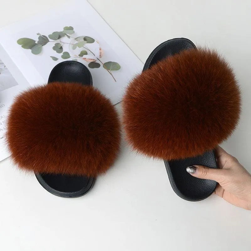 Chicvane Women's Solid Color Women's Solid Color Fox Fur Open Toe Fluffy Slide On House SlippersOpen Toe Fluffy Slide Sleeper