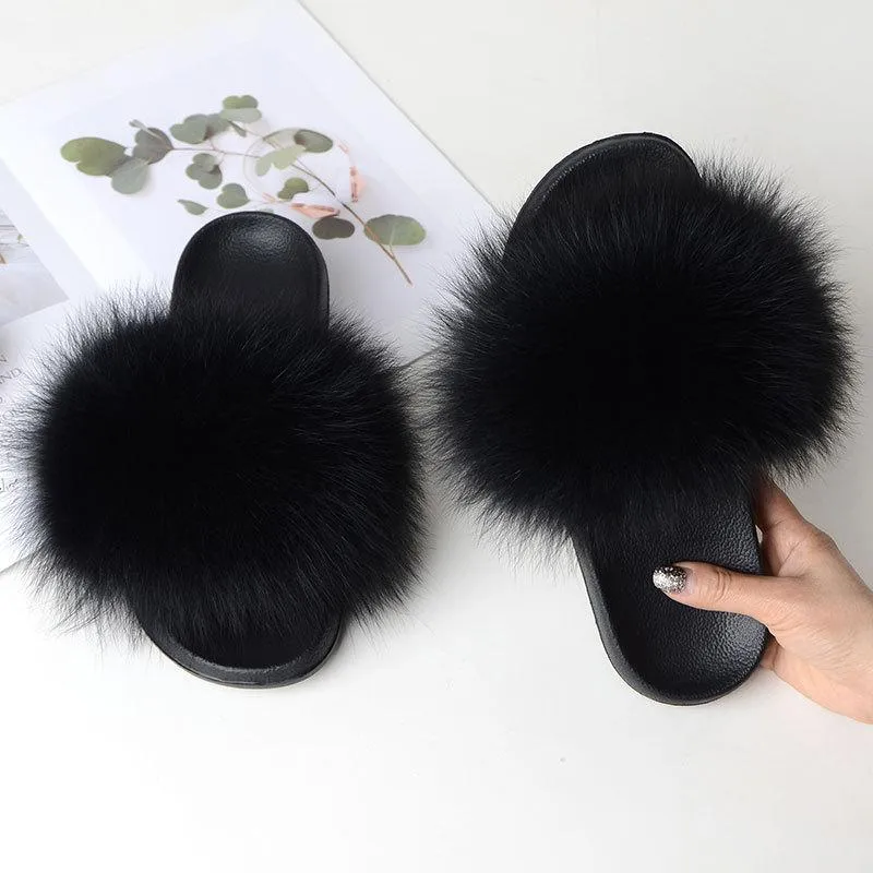 Chicvane Women's Solid Color Women's Solid Color Fox Fur Open Toe Fluffy Slide On House SlippersOpen Toe Fluffy Slide Sleeper