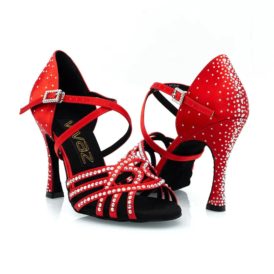 Danica - Red Satin & Crystal 3.75” Suede Sole Latin Dance Shoes