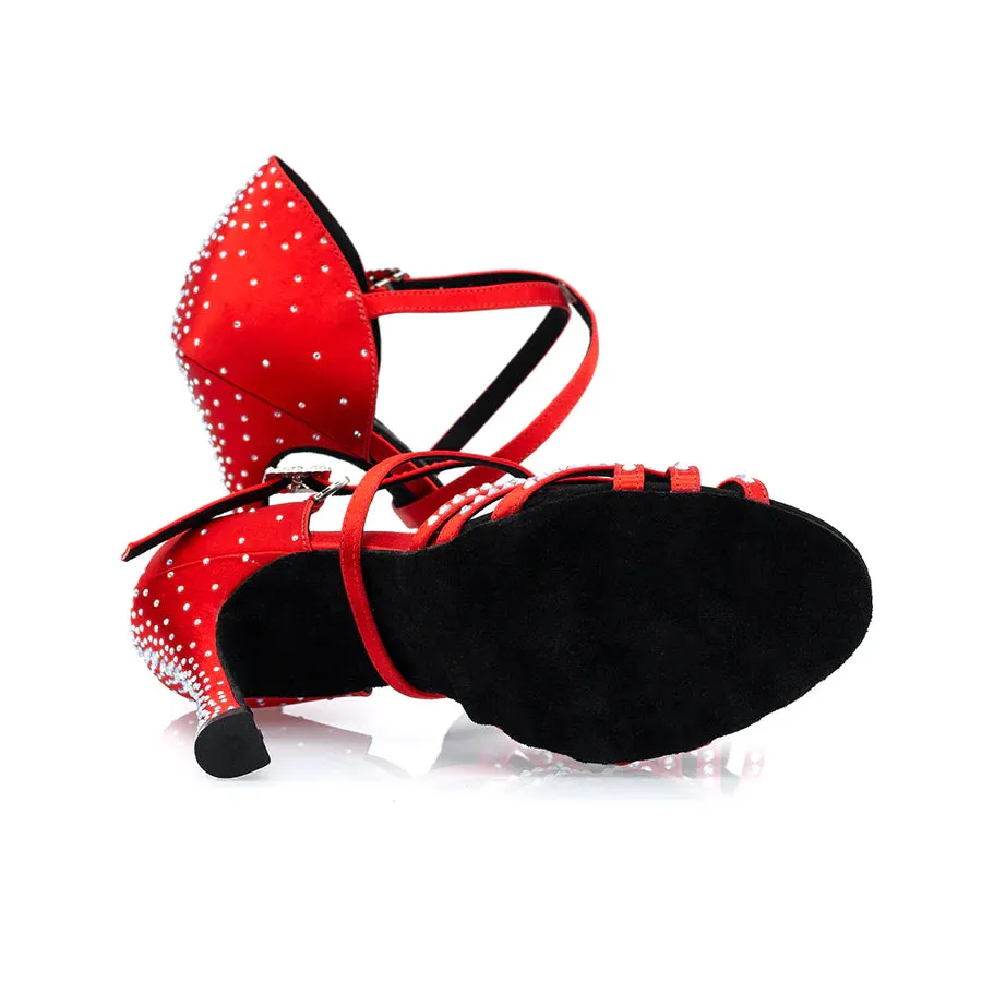 Danica - Red Satin & Crystal 3.75” Suede Sole Latin Dance Shoes