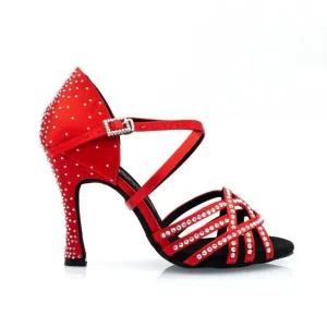Danica - Red Satin & Crystal 3.75” Suede Sole Latin Dance Shoes