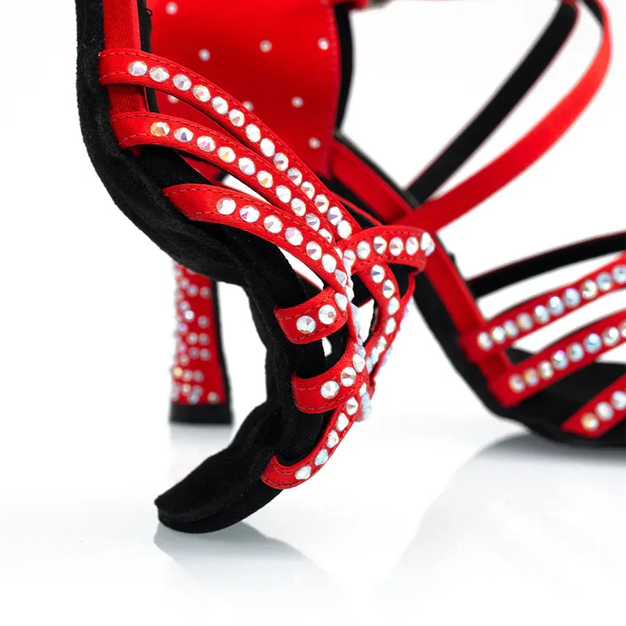 Danica - Red Satin & Crystal 3.75” Suede Sole Latin Dance Shoes