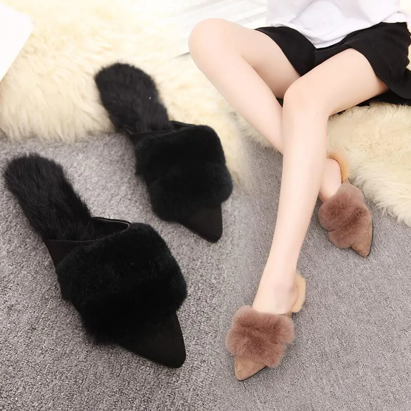 Flat Fur Point Toe Slide Sandals