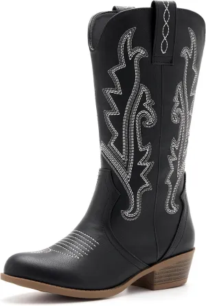 Girls Kids Western Boots Embroidered Cowgirl Cowboy Boots Girls Mid Calf Riding Shoes Little Kid/Big Kid