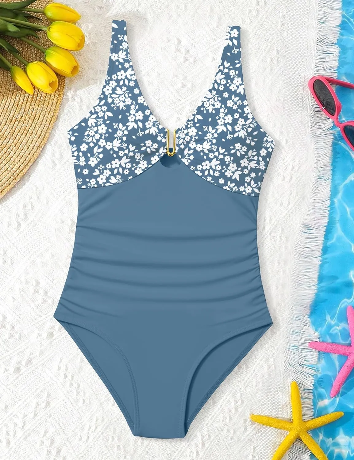 Girls Swimsuit Ruched V Neck One Piece Bathing Suit with Adjustable Straps Solid Color Girls' Swimwear 9-16T