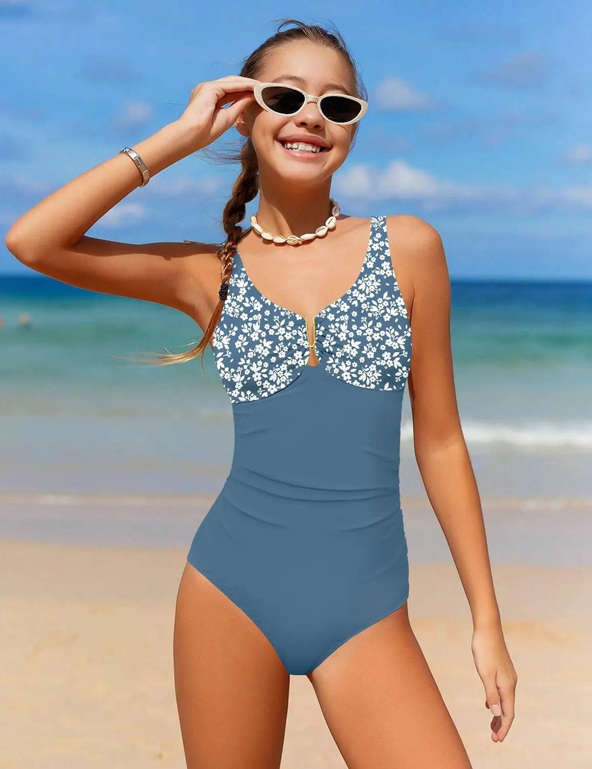 Girls Swimsuit Ruched V Neck One Piece Bathing Suit with Adjustable Straps Solid Color Girls' Swimwear 9-16T