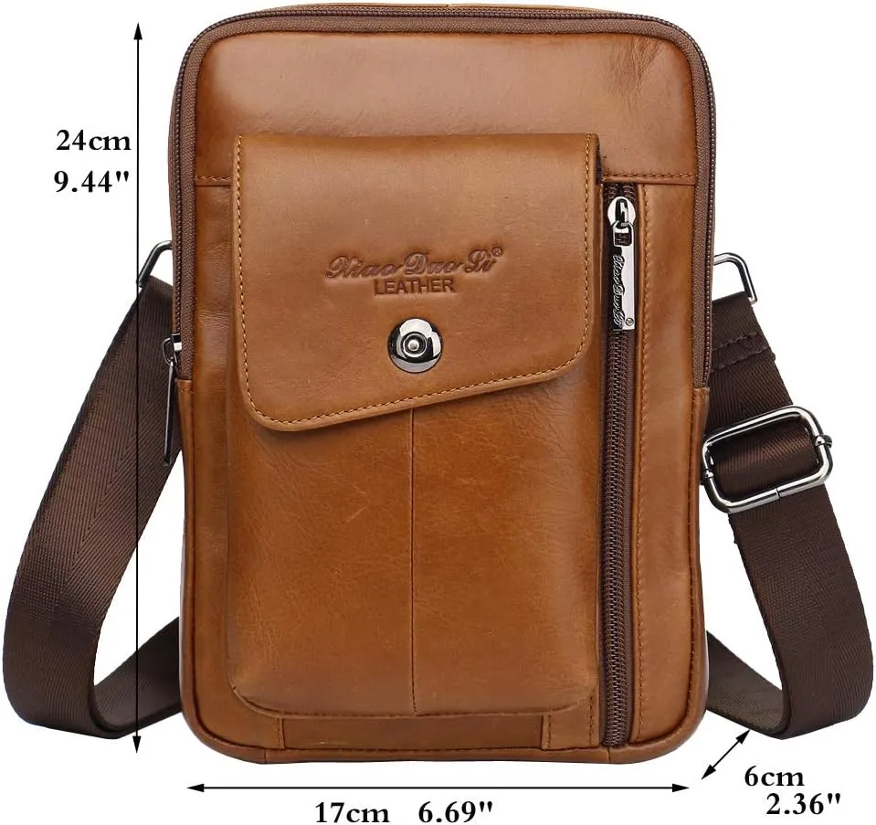 Hebetag Small Leather Sling Shoulder Bag Messenger Pack for Men Women Outdoor Travel Business