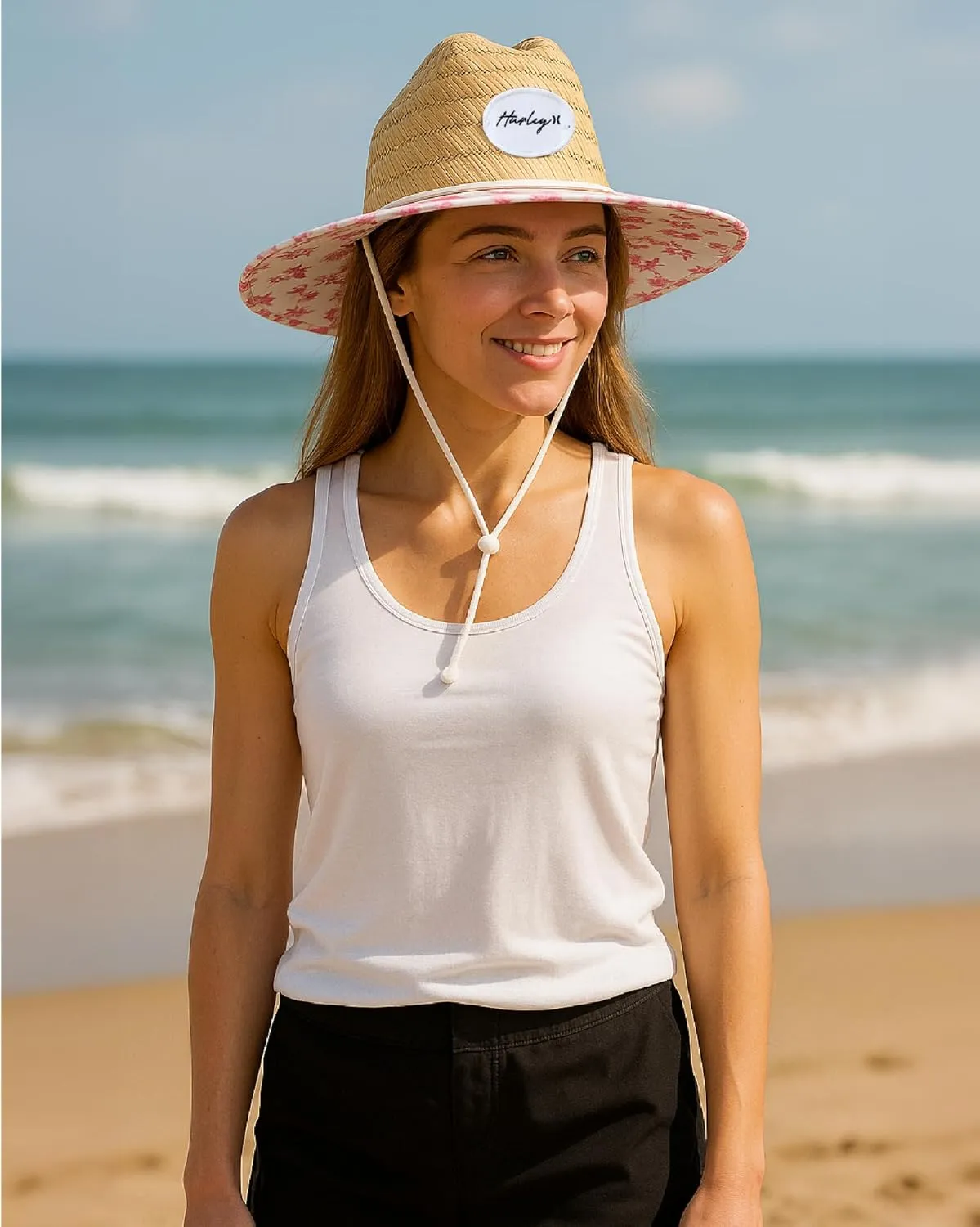 Hurley Women's Straw Hats - Real Straw Hat Medium Brim and Adjustable Chin Strap
