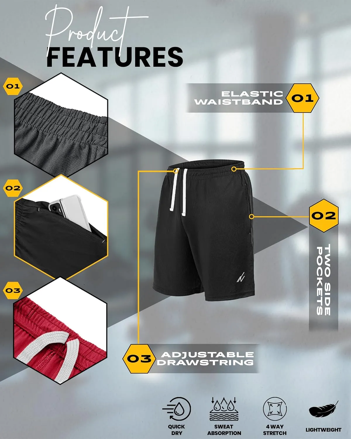 NY Threads 3 Pack Men's Athletic Shorts Quick Dry Lightweight Workout Running Gym Shorts with Pockets
