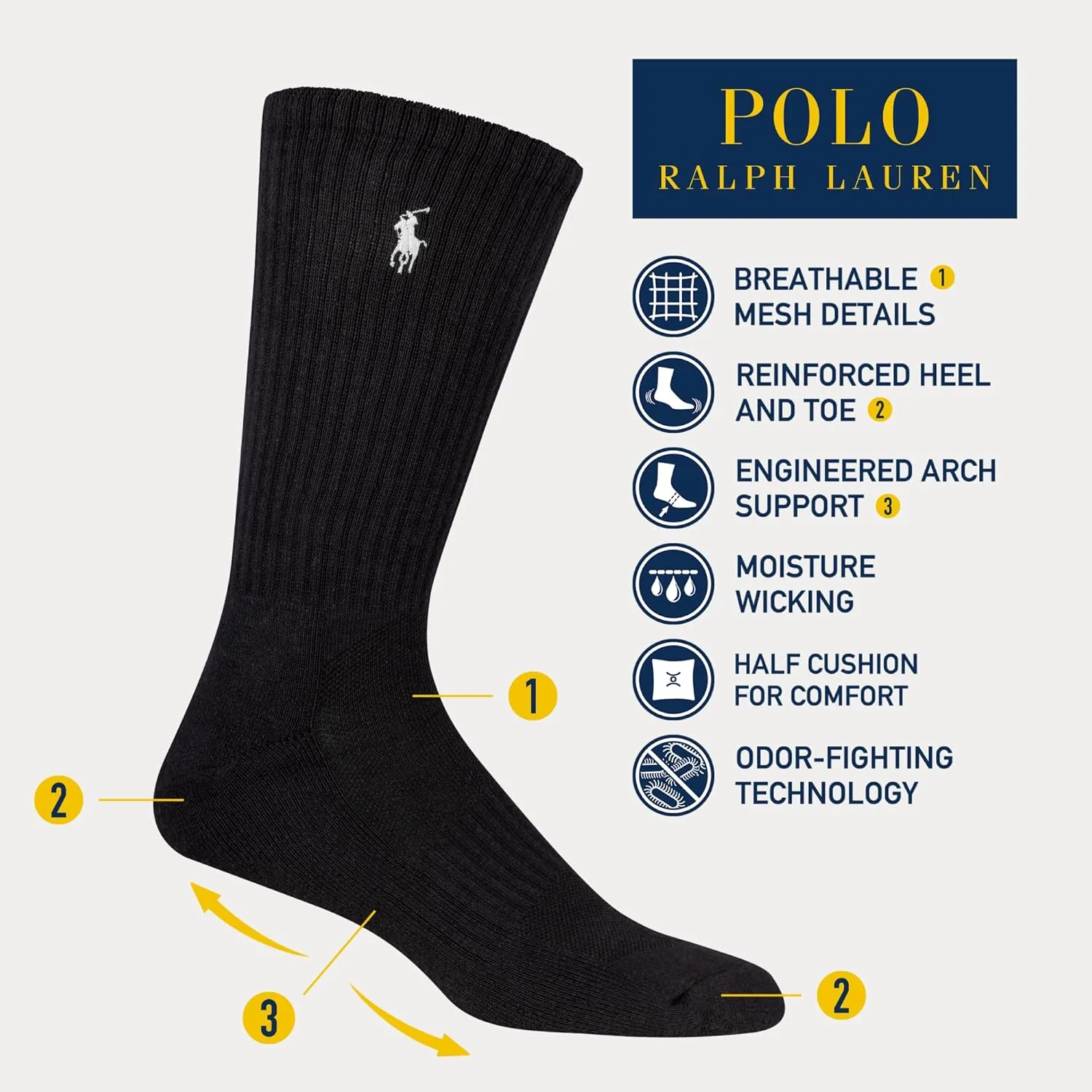 POLO RALPH LAUREN Men's Athletic Performance Cotton Crew Socks-6 Pair Pack-Moisture Wicking Mesh