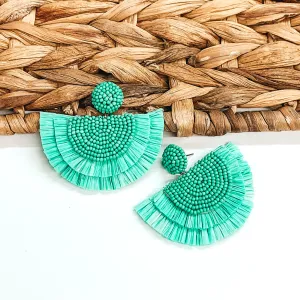 Sunkissed Half Circle Beaded Earrings with Raffia Fringe in Turquoise