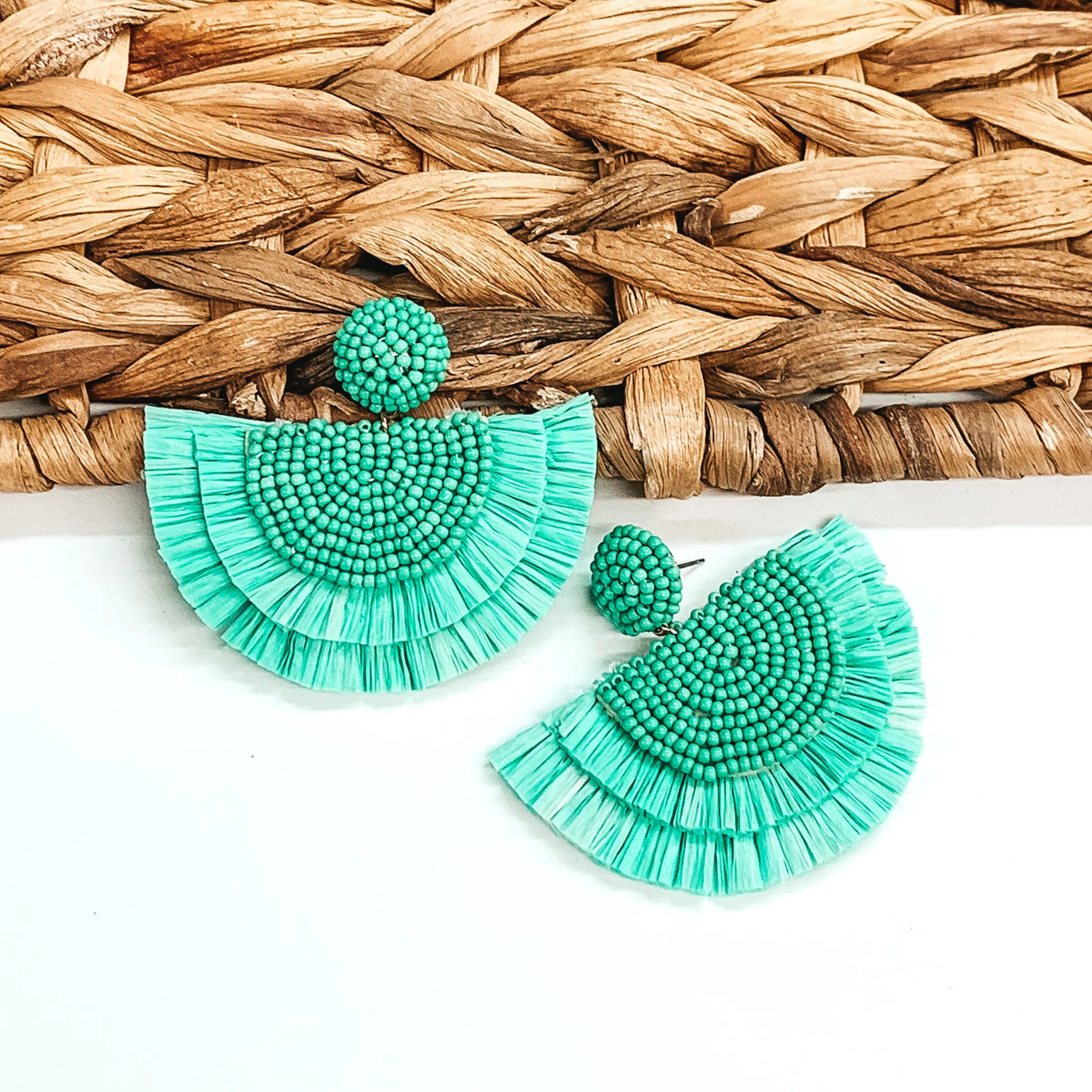 Sunkissed Half Circle Beaded Earrings with Raffia Fringe in Turquoise