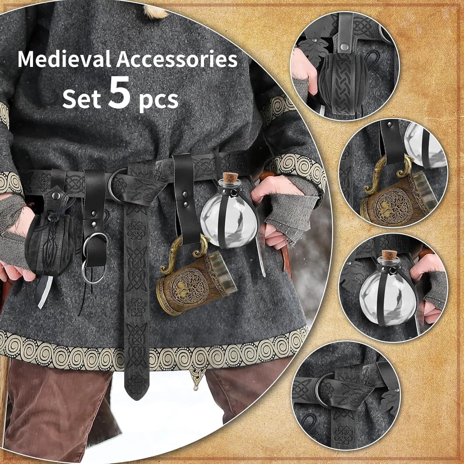 Women Renaissance Accessories Medieval Viking Belt Potion Bottles Belt Bag Leather Skirt Hikes