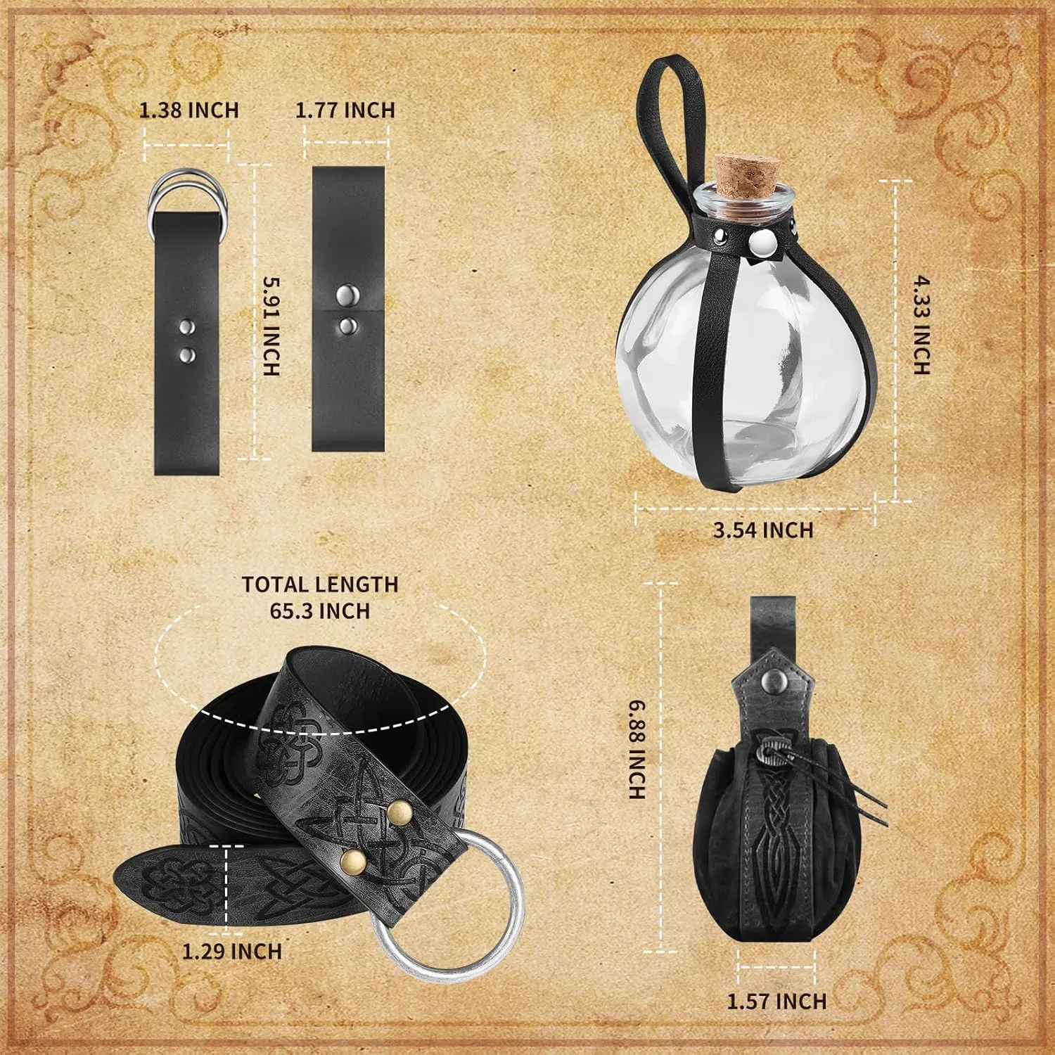 Women Renaissance Accessories Medieval Viking Belt Potion Bottles Belt Bag Leather Skirt Hikes